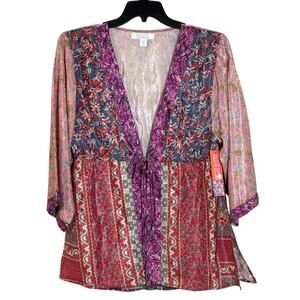 NWT Bunulu Medium Silky Short Robe Multicolored Open With Double Tie Waist